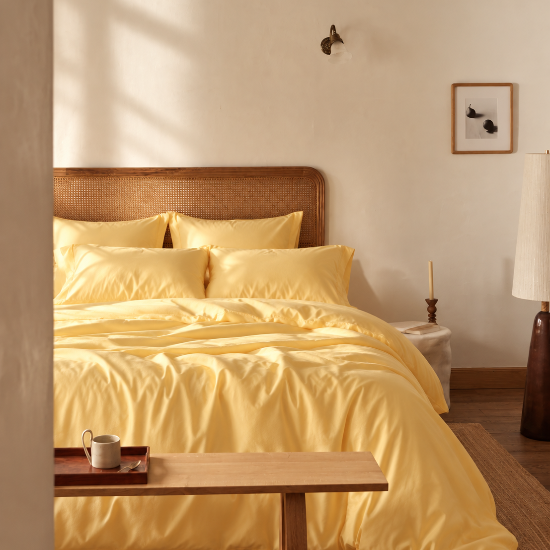 Light yellow duvet cover set displayed on rattan headboard bed in bright bedroom